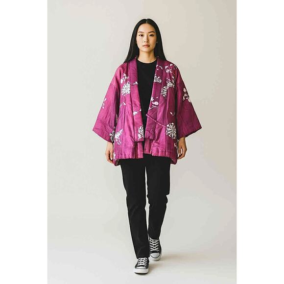 Vintage Quilted Silk Kimono Jacket Floral Padded Haori Style Tie Front Large - Picture 3 of 7